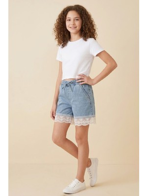 Modanino Kız Çocuk Tül Dantelli ve Beli Lastikli Jean Şort 2-12 Yaş 12674SK
