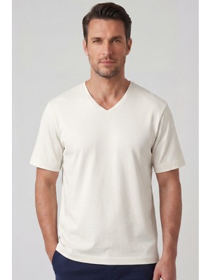 goffra Erkek Vision V Yaka Premium Kalite Yoğun Dokulu Pamuklu T-Shirt Krem M102-R0220-02