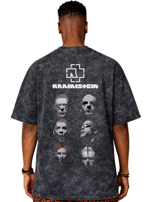 Sevbano Rammstein Rock Metal Müzik Grubu Sırt Baskılı Unisex Oversize Eskitme Yıkamalı Tişört