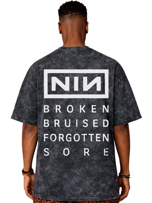 Sevbano Nin Rock Metal Müzik Grubu Sırt Baskılı Unisex Oversize Eskitme Yıkamalı Tişört