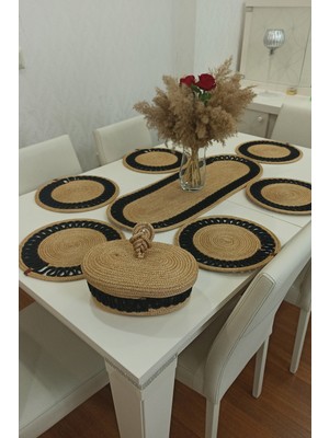 Kaan Home 6’lı Supla 1 Runner 1 Kapaklı Örgü Ekmek Sepeti Seti Bej Krem Desenli Sunumluk