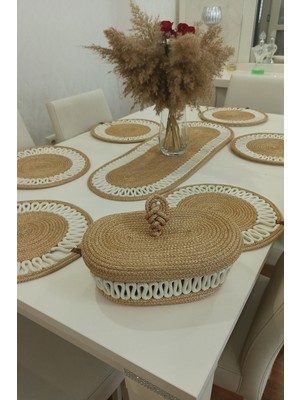 Kaan Home 6’lı Supla 1 Runner 1 Kapaklı Örgü Ekmek Sepeti Seti Bej Krem Desenli Sunumluk