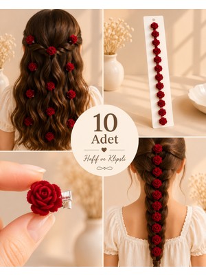 Herşey Nota Kadife Kırmızı Gül Saç Küpesi 10’lu Set – Asil ve Romantik Saç Aksesuarı