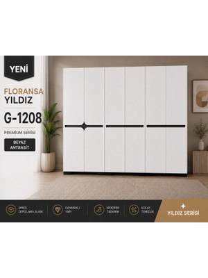 VM VERTEX MOBİLYA Floransa G-1208 Yıldız 6 Kapılı 2 Askılıklı Beyaz Antrasit Gardrop