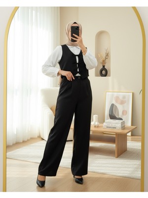 Moda Morfo Önü Bağlamalı Yelek Pantolon İkili Takım   -Siyah