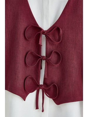Moda Morfo Önü Bağlamalı Yelek Pantolon İkili Takım   -Bordo
