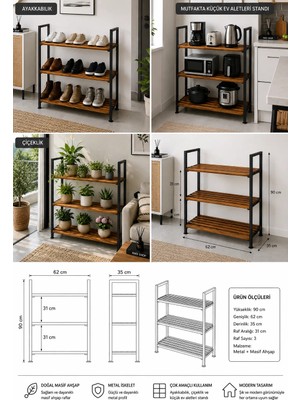 Rmd Shop Çok Amaçlı 3 Katlı Metal Ahşap Raf | Masif Ahşap Ayakkabılık, Mutfak Düzenleyici ve Çiçeklik Standı | 62x35x90 cm