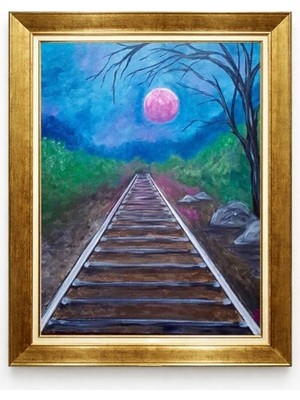 Tablore Gold Çerçeveli Pembe Dolunay ve Gece Manzaralı Tren Yolu Tablosu