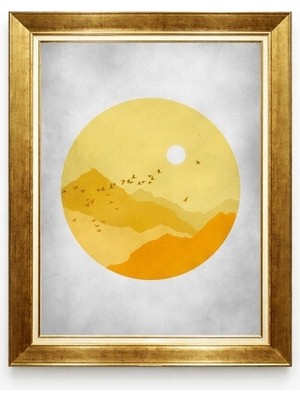 Tablore Altın Çerçeveli Boho Minimalist Sarı Güneş ve Kuşlar Dağ Manzaralı Duvar Tablosu Modern Kanvas