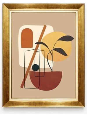 Tablore Gold Çerçeveli Soyut Bohem Yaprak Tablosu - Modern Geometrik Pastel Tonlar Duvar Dekoru