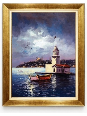 Tablore Altın Çerçeveli Gece Kız Kulesi ve Istanbul Manzaralı Yağlı Boya Dokulu Kanvas Tablo