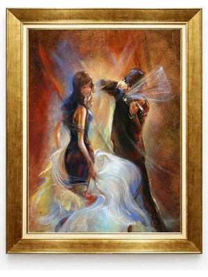 Tablore Altın Çerçeveli Keman Çalan Çift Yağlı Boya Dokulu Tablo Modern Salon Duvar Dekoru