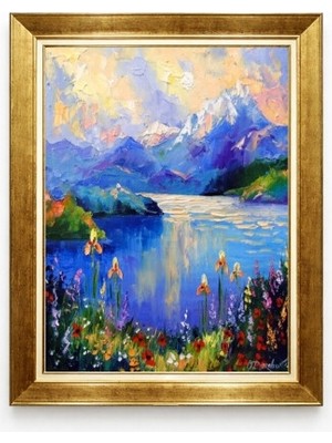 Tablore Çerçeveli Dağ ve Göl Manzaralı Tablo Palet Bıçak Tekniği Yağlı Boya Salon Tablosu