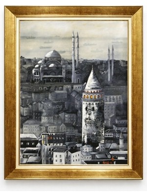 Tablore Gold Çerçeveli Istanbul Manzaralı Galata Kulesi Tarihi Yağlı Boya Görünümlü Tablo