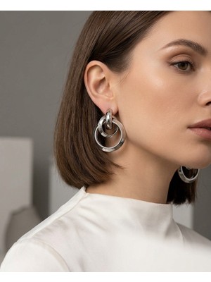 Fm 💎 Premium Gümüş Renk Çoklu Halka Zincir Model 316L Çelik Küpe - Parlak ve Şık Zarafet