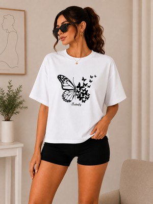 Badiva Fashion Badiva Kadın Kelebek Butterfly Baskılı Oversize Tişört Salaş Rahat Kalıp Yazlık T-Shirt