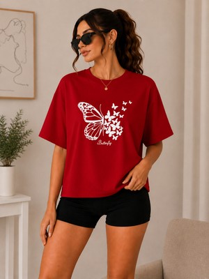 Badiva Fashion Badiva Kadın Kelebek Butterfly Baskılı Oversize Tişört Salaş Rahat Kalıp Yazlık T-Shirt