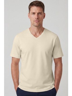goffra Erkek Vision V Yaka Premium Kalite Yoğun Dokulu Pamuklu T-Shirt Sarı M102-R0220-03