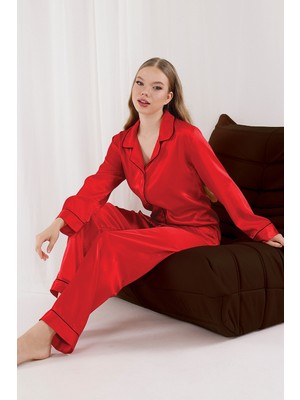 Nbb Kırmızı Saten Siyah Biyeli Pijama Takımı
