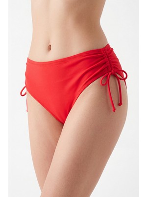 Loya Kırmızı Yanları Büzgülü Yüksek Bel Tek Alt Bikini