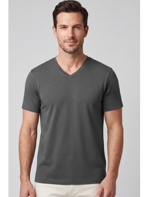 goffra Erkek Vision V Yaka Premium Kalite Yoğun Dokulu Pamuklu T-Shirt Koyu Gri M102-R0220-05