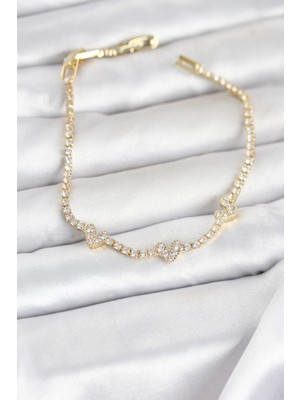 Erdo Ticaret Buğz Pirinç Gold Renk Kalp Model Zirkon Taşlı Su Yolu Kadın Bileklik