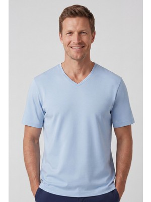goffra Erkek Vision V Yaka Premium Kalite Yoğun Dokulu Pamuklu T-Shirt Açık Mavi M102-R0220-04