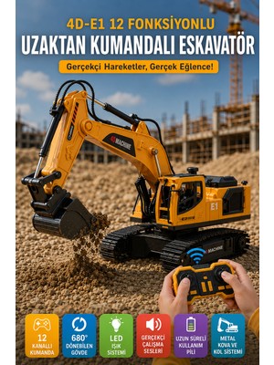 Open City 4d-E1 Uzaktan Kumandalı Oyuncak Ekskavatör 12 Fonksiyonlu LED Işıklı Sesli Şarjlı