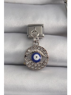 Erdo Ticaret Buğz 316L Çelik Gümüş Renk Sallantı Zirkon Taşlı Göz Model Nazar Boncuk Detay Nomination Charm