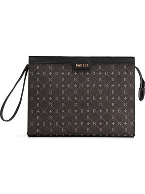 Kadın Siyah Bahels Monogram Portföy Kulplu Clutch Çanta