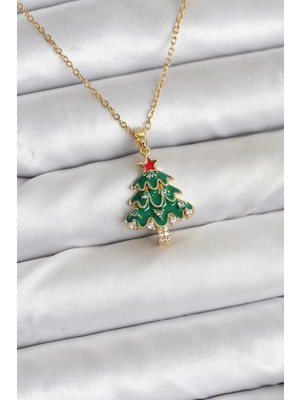 Erdo Ticaret Buğz 316L Çelik Zincir Gold Renk Çam Ağacı Model Yılbaşı Temalı Kadın Kolye