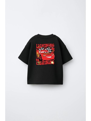 Fasardi Cars Arabalar Şimşek McQueen Ön Arka Baskılı Oversize %100 Pamuk Kısa Kol Unisex Çocuk Tişört