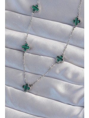 Erdo Ticaret Buğz 316L Çelik Gümüş Renk Minimal Yeşil Mineli Yonca Kolye