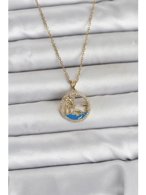 Erdo Ticaret Buğz 316L Çelik Zincir Gold Renk Zirkon Taşlı Deniz Temalı Kadın Kolye