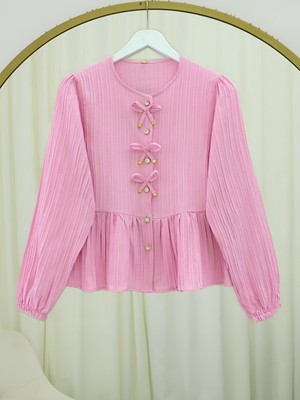 Moda Morfo Önü Fiyonk Detaylı Düğmeli Kolu Lastikli Bluz -Pembe