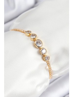 Erdo Ticaret Buğz Pirinç Zirkon Taşlı Sıralı Daire Model Gold Renk Asansörlü Kadın Bileklik