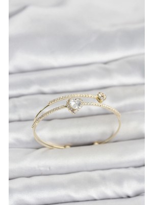 Erdo Ticaret Buğz Pirinç Gold Renk Kalp Model Zirkon Taşlı Kadın Bileklik
