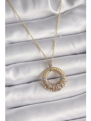 Erdo Ticaret Buğz 316L Çelik Gold Renk Zincir Gümüş Zirkon Taşlı Daire Model Kadın Kolye