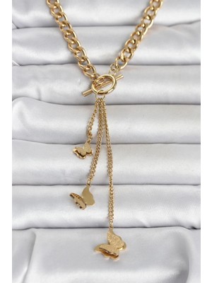 Erdo Ticaret Buğz 316L Çelik Gold Renk Kelebek Sallantılı Kadın Kolye