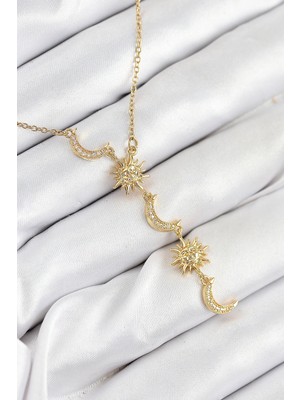 Erdo Ticaret Buğz 316L Çelik Zirkon Taşlı Güneş ve Ay Model Gold Renk Kadın Kolye