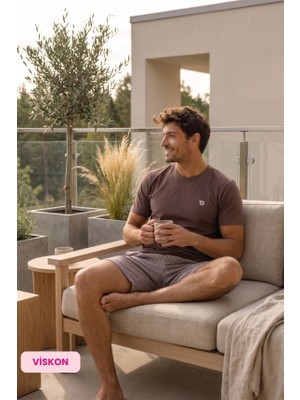 Guava Homewear Erkek Jakarlı Düğmesiz Bisiklet Yaka Yazlık Viskon Kısa Kollu Cepli Diz Üstü Şortlu Pijama Takımı