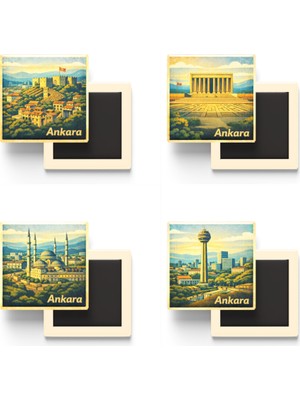 İberk Ankara - Baskılı Buzdolap Magneti Kare - 9x9 cm - 4 Adet