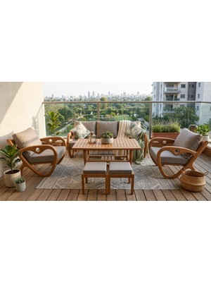 Gardenlove Bahçe Balkon Koltuk Masif Ahşap Kestane Ağacı 3+1+1 Koltuk, Masa ve Puf Takımı
