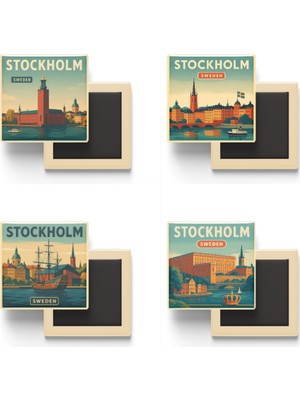 İberk Stockholm Isveç - 4 Adet - 9x9 cm Buzdolap Magneti
