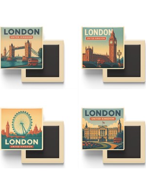 İberk Londra Birleşik Krallık - 4 Adet - 9x9 cm Buzdolap Magneti