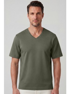 goffra Erkek Vision V Yaka Premium Kalite Yoğun Dokulu Pamuklu T-Shirt Haki M102-R0220-06