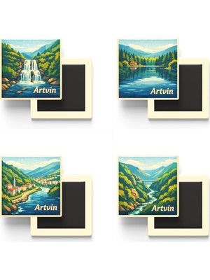İberk Artvin - Baskılı Buzdolap Magneti Kare - 9x9 cm - 4 Adet