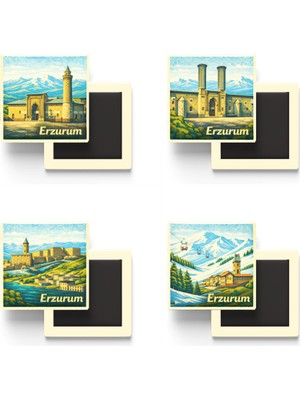 İberk Erzurum - Baskılı Buzdolap Magneti Kare - 9x9 cm - 4 Adet