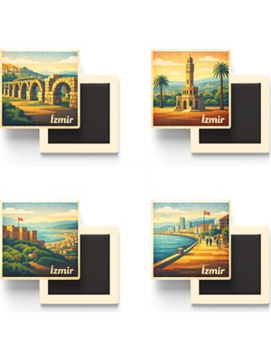 İberk Izmir - Baskılı Buzdolap Magneti Kare - 9x9 cm - 4 Adet