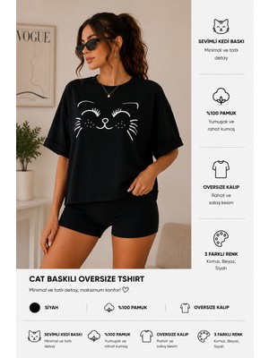 Badiva Fashion Badiva Kadın Kedi Baskılı Oversize Tişört Salaş Kalıp Pamuklu Bisiklet Yaka T-Shirt